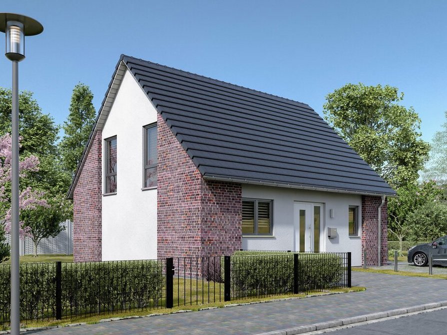 Das Einfamilienhaus Flair 130 Teilverklinkert von der Straße aus mit Satteldach und bodentiefen Fenstern, die einen herrlichen Blick in den Garten ermöglichen.